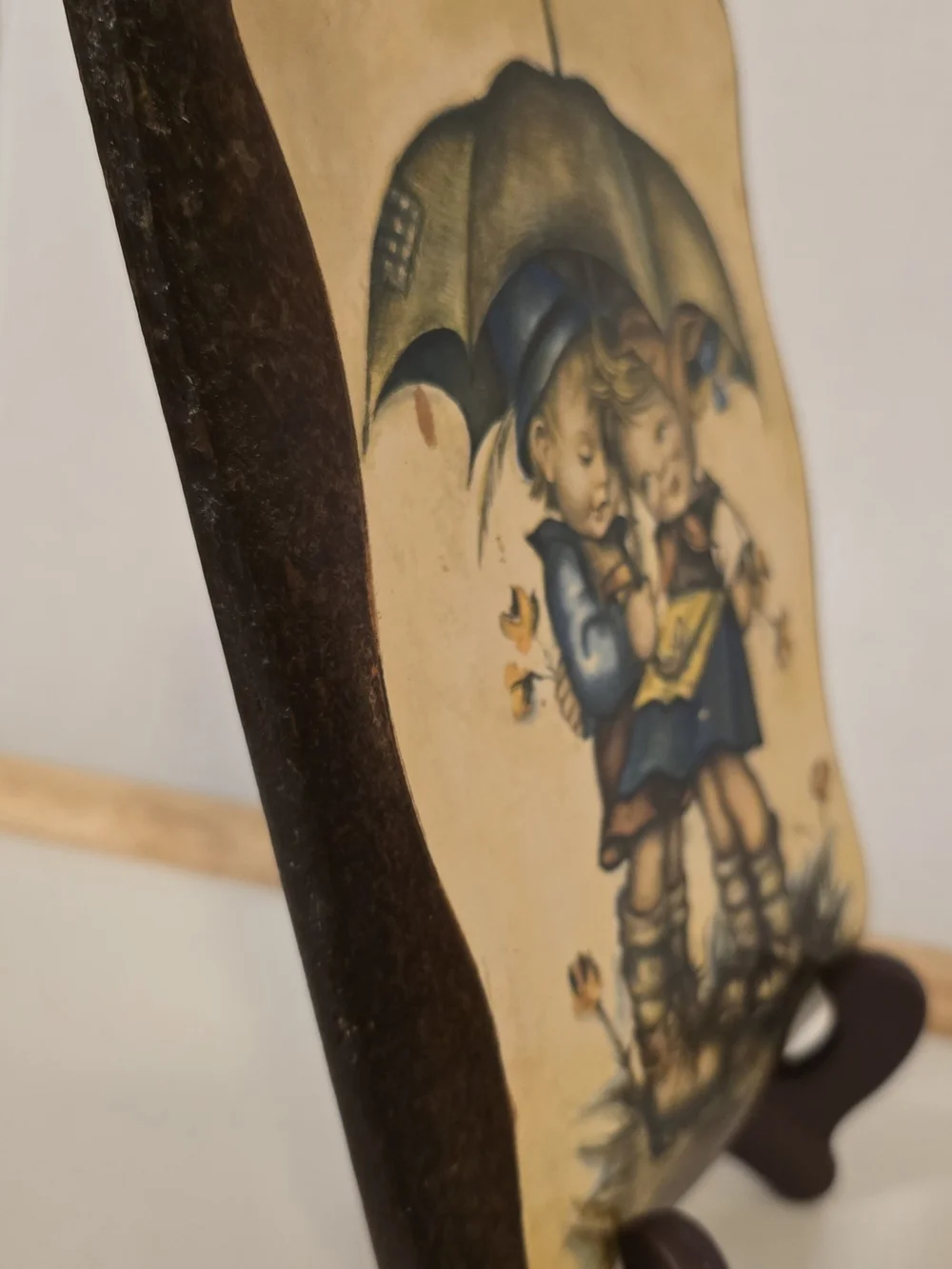 Vintage Evans Hummel Style Wood Plaque Boy Girl Umbrella Scafa-Tornabene 1970s